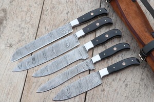 Ensemble de couteaux de cuisine en acier Damas, 5 pièces, manche noir, couteaux artisanaux à pointe tombante - Product Image 6