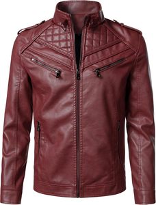 <b>Men's</b> Burgundy PU <b>Leather</b> Moto Biker <b>Jacket</b> Stand Collar Zipper Front Solid Color Regular Sleeve Winter Style Hooded - Product Image 4