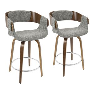 Ensemble de 2 tabourets de bar Elisa, style moderne du milieu du siècle, en noyer et tissu gris, pour assise de bar - Product Image 1