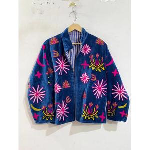 High Quality <b>Velvet</b> Floral <b>Jacket</b> <b>Women's</b> Mandarin Collar Full Sleeve Autumn Style Handmade Open Stitch Design 100% Cotton - Product Image 4