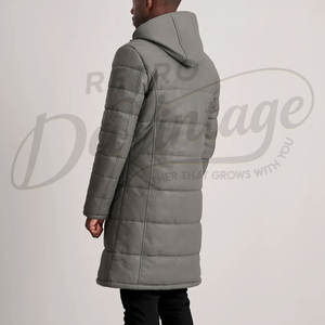 Manteau d'hiver matelassé long en cuir gris pour homme, avec capuche, en similicuir rembourré, parka de qualité supérieure - Product Image 2
