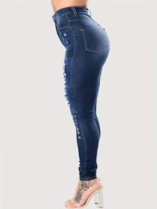 <span class=keywords><strong>Jean</strong></span> en denim vintage de haute qualité pour <span class=keywords><strong>femme</strong></span>, taille haute, extensible, coupe skinny, avec trous effet vieilli, respirant et confortable - Product Image 2