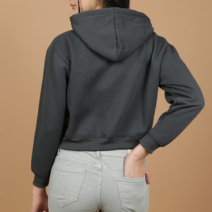 Deep hood Drop Shoulder Cropped Hooded <b>Top</b> Brushed Fleece Women's Fleece Crop Hoodie Cool Weather <b>Layering</b> Custom Logo Supplier - Product Image 4