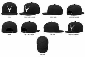 Casquette noire à fermeture snapback avec broderie 3D tête de cerf blanche sur le panneau avant, style streetwear unisexe, en toile. - Product Image 6