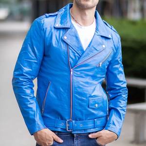 Veste zippée bleue unie personnalisée avec logo pour hommes, vestes en cuir vintage pour hommes, veste streetwear, manteaux d'hiver de haute qualité - Product Image 1