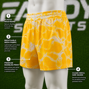 Shorts de basket-ball en mesh personnalisés par sublimation pour hommes, streetwear jaune tie-dye, respirants, séchage rapide, pour la gym, l'entraînement et le sport. - Product Image 6