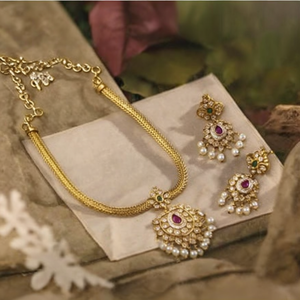 Traditional Attigai Design Women's Wedding Jewelry Set Gold Plated Brass Moissanite Stones Necklace Earring Sets Oxidized Polish - Product Image 3