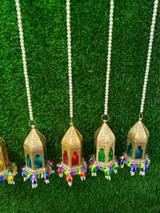 <b>Moroccan</b> Hanging Lantern Metal Candle Holder Pearl Beaded Chain Tassel <b>Decor</b> for Home Wedding Party Indoor Outdoor - Product Image 2