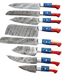 Ensemble de 8 couteaux de chef en acier Damas faits à la main avec manches étoilés rouge, bleu et blanc – Couteaux de cuisine professionnels pour la découpe - Product Image 3