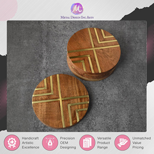 Latest Stock Arrival Best in Supplying Tableware Round <b>Glass</b> and Cups Holding Acacia Wooden <b>Coasters</b> with Brass Inlay Work - Product Image 3