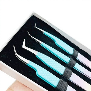 Silver Tip And 2 Powder Coated color Shade Eyelash tweezer 4 Different point Diamond grip tweezer Set / White card box <b>Packing</b> - Product Image 1