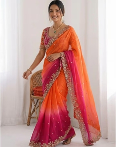 KV Traditional Silk Embellished Embroidered Zari <b>Satin</b> <b>Saree</b> with Stitched Blouse Wrinkle-Free & Reversible for Autumn Party - Product Image 2
