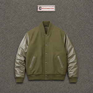 เสื้อแจ็คเก็ตวาร์ซิตี้สีเขียวมะกอกสไตล์โมเดิร์น  แบบจำลองด้านหน้า  แขนหนัง PU  คอตั้ง  สวมใส่สบายๆ สำหรับฤดูใบไม้ร่วง  แฟชั่นแนวเมือง - Product Image 5