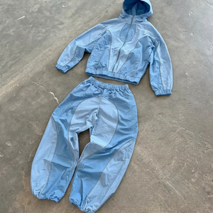 Custom-made trench coat sets factory-customized reflective embroidered logo lightweight nylon <b>zip</b>-<b>up</b> <b>jackets</b> and Pant Set - Product Image 4