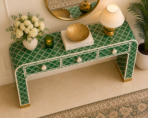 Table console en os incrusté de style bohème avec 3 tiroirs, meuble d'entrée de luxe, meuble d'appoint pour couloir, décoration de salon - Product Image 3