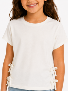 Camiseta Blanca con Lazo Lateral para Niñas, Top Informal de Algodón de Manga Corta, Camiseta Suave y Cómoda para Uso Diario, Ropa Elegante para Niñas - Product Image 4