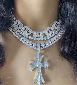 Luxury Women's 925 Silver Plated Moissanite Cross Hiphop Cuban <b>Statement</b> <b>Necklace</b> Pave Setting Link Chain Party Jewelry - Product Image 1