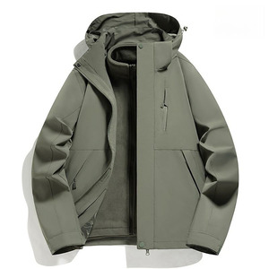 Men's Winter Olive Green Hooded Stand Collar Softshell <b>Jacket</b> Windproof <b>Fleece</b> <b>Lined</b> Zipper Closure Casual Outdoor Front Logo - Product Image 5
