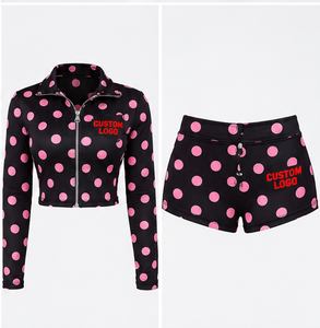 OEM Custom Women <b>Pink</b> Polka Dot Activewear Set Two Piece Streetwear Set <b>Long</b> <b>Sleeve</b> Crop Zip Jacket Matching Shorts - Product Image 3