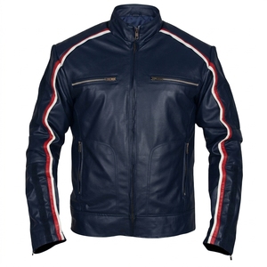 <b>Men's</b> Genuine <b>Leather</b> Motorcycle <b>Jacket</b> Stand Collar Zipper Closure Brown With Tan Stripes Moto Biker Style Autumn Wear - Product Image 6