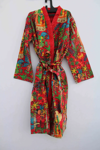 Bata Kimono con Estampado de Dibujos Animados para Mujer, Suave y Transpirable, 100% Algodón, Camisón de Verano Hecho a Mano, Cuello en V, Cintura Elástica, Largo Completo - Product Image 4