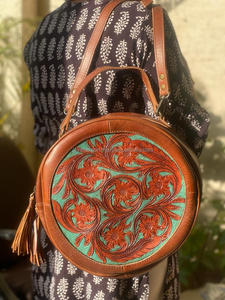 กระเป๋าถือหนัง,ใหม่กระเป๋าถือโรงอาหารทรงกลมทำมือทำจากหนังแท้สำหรับผู้หญิง - Product Image 2