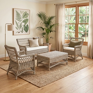 Conjunto Canberra de 4 sillas de ratán Subaliu Kuboo con mimbre y vidrio templado, sofá de tela para exteriores, muebles de patio de primera calidad. - Product Image 3