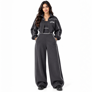 Wholesale Charcoal Womens Piping Tracksuit Cropped Zip Jacket Wide Leg <b>Pants</b> Set Custom Logo Athleisure OEM Private Label Supply - Product Image 1