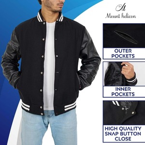 Veste varsity noire pour homme, manches en cuir PU, couleur unie, col rabattu, coupe classique, vêtement d'automne - Product Image 3