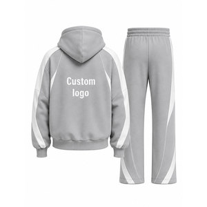 Custom Logo Gray White Color Blocking Tracksuit 100% Set Full <b>Zip</b> <b>Hooded</b> 450 Gsm Sweatshirt Pants - Product Image 3