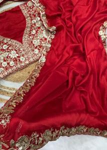 Luxury <b>Red</b> Silk Saree with Floral Embroidery & Sequins Work <b>Blouse</b> | Bridal Wedding Reception Saree for Women - Product Image 4