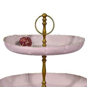 <b>Pink</b> Ceramic Two-Tier Cake Stand with Gold Base Handmade Multi-Layer Dessert Display At Best Price - Product Image 3