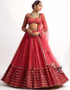 Lehenga Choli de Diseño para Mujer KV, con Adornos Bordados, Pedrería y Encaje, en Chifón de Color Sólido, Semi-Cosido (Rosa) - Product Image 6