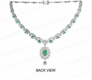 Exquisite luxury <b>necklace</b> in 18K white gold with emerald green center stones and round diamonds in elegant floral inspired - Product Image 4