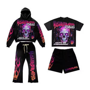 Ensemble de survêtement évasé personnalisé pour homme, style streetwear, avec impression 3D en relief, comprenant un sweat à capuche et un pantalon de jogging, à ourlet brut, motif graphique, décontracté - Product Image 2