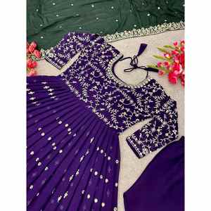 DESIGNER GEORGETTE BRODERIE SÉQUENCE TRAVAIL ROBE BAS AVEC DUPATTA VIOLET FONCÉ - Product Image 3