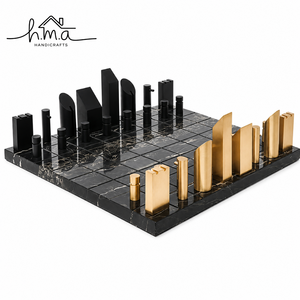 Black And Gold Brass <b>Chess</b> Set With Cylindrical Rounded Pieces Modern Checkered Square <b>Board</b> Luxury <b>Table</b> Decor Game - Product Image 3