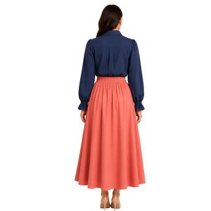 Conjunto de Blusa Bordada y Falda Maxi para Mujer, Color Azul Marino y Coral, Manga Larga, Cierre de Botones, Cintura Alta, Dos Piezas, OEM - Product Image 2