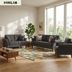 Juego de Sofás Modernos de Tela Gris Tapizados para Sala de Estar con Patas de Madera y Respaldo Acolchado, Diseño de Respaldo con Cojín, Duradero - Product Image 3