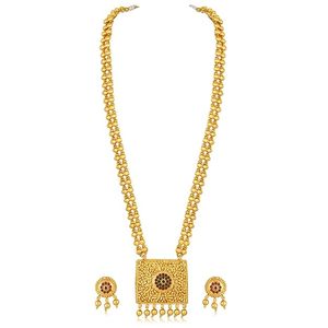 Conjunto de Collar Largo y Pendientes de Latón Chapado en Oro Indio, Joyería Étnica para Mujer, Diseño de Flor con Circones, Rani Haar - Product Image 2