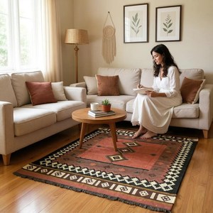 Tapis rectangulaire artisanal en laine tufté à la main, motif géométrique Kilim, écologique, pour salon, à poils moyens, nettoyage localisé, par Krafterscustom - Product Image 3