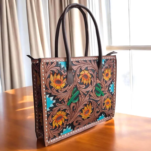Sac fourre-tout en cuir travaillé peint à la main pour femmes |   Sac à main en cuir véritable Western Floral Sunflower - Product Image 4