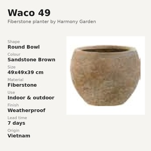 Waco 49 Pot rond en pierre de grès brun Fiberstone 49x49x39cm, taille moyenne, pour intérieur/extérieur, résistant aux intempéries, Vietnam - Product Image 3