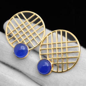 <b>Unique</b> Geometric 18k Gold Plated Grid Earrings with Lapis Lazuli Gemstone – Minimalist Statement Stud Earrings - <b>Gift</b> <b>for</b> <b>her</b> - Product Image 4