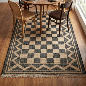Tapis en jute tissé à la main texturé, beige et noir, motif géométrique moderne, antidérapant, épais, avec franges, pour salon, chambre, maison - Product Image 6