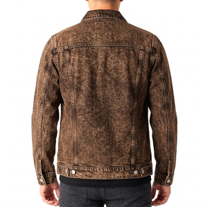 Factory Rate Men 100% Cotton <b>Covered</b> <b>Button</b> Washed Denim Jacket Turn down Collar Trucker Style Casual Spring Denim Jacket - Product Image 3