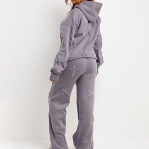 Conjunto Deportivo Personalizado para Mujer, Estilo Urbano, Otoño Invierno, Estampado Puff, Color Sólido, 100% Algodón, Pantalones Joggers con Capucha - Product Image 3