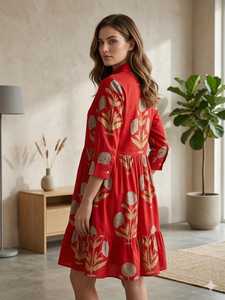Red Block Printed Cotton Shirt Dress Women Long Sleeve Button Front A Line Printed <b>Indian</b> Pakistani <b>Top</b> - Product Image 2
