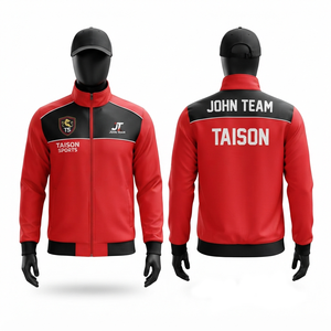 Custom 280 GSM Polyester Fleece Hooded Sports Track Jacket Soccer Team Wear <b>Red</b> Black Panel Heat Transfer Logo OEM ODM - Product Image 1