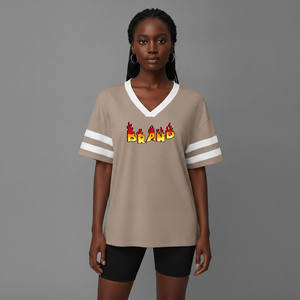 Top Trending Women's Beige V-Neck Short Sleeve T-<b>Shirt</b> With <b>Flame</b> Logo Loose Fit Casual Spring Summer Wear 100% Cotton Jersey - Product Image 1